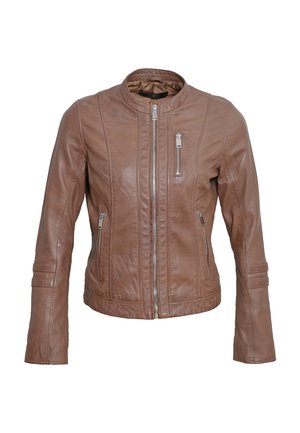 Bruine leren jas met een ritssluiting, zijzakken en een staande kraag. Bevat horizontale stikdetails op de mouwen en het lichaam.