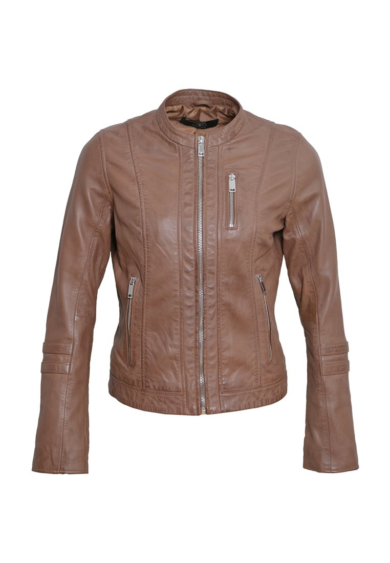 Bruine leren jas met een ritssluiting, zijzakken en een staande kraag. Bevat horizontale stikdetails op de mouwen en het lichaam.