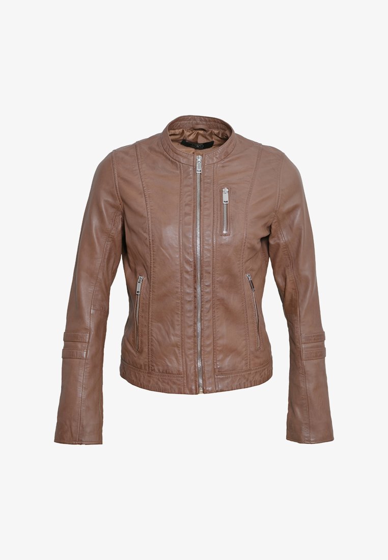 Bruine leren jas met een ritssluiting, zijzakken en een staande kraag. Bevat horizontale stikdetails op de mouwen en het lichaam.