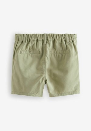 Shorts verdi con vita elastica, due tasche posteriori e una finitura in tessuto liscia. Lunghezza a metà coscia con un design semplice.