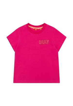 Fuchsia T-shirt met korte mouwen, voorzien van een ronde hals en het woord "OILILY" in een contrasterende kleur op de voorkant. Gemaakt van zachte stof.