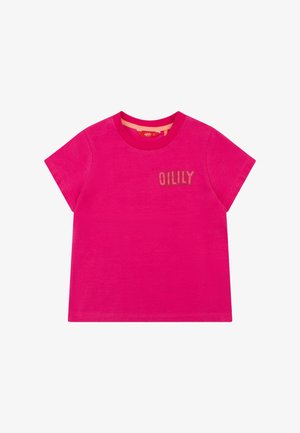 Fuchsia T-shirt met korte mouwen, voorzien van een ronde hals en het woord "OILILY" in een contrasterende kleur op de voorkant. Gemaakt van zachte stof.