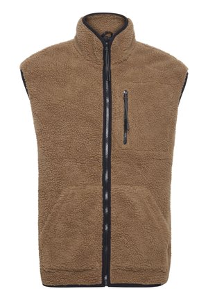 Brauner Fleecesteppweste mit hohem Kragen, Reißverschluss und zwei Fronttaschen. Verfügt über eine seitliche Reißverschlusstasche und schwarzen Besatz entlang der Kanten.