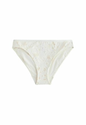 Weißer Bikini-Slip mit floraler Spitzenbesetzung und teilweise transparentem Muster, flach auf weißem Hintergrund präsentiert.