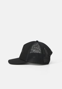 Black cap with a solid front panel and mesh sides. Features a curved brim and adjustable back. No visible logos or patterns.