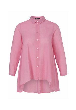 Pinkes Langarmhemd mit Knöpfen und Kragen, asymmetrischem Saum, der hinten länger ist, und lockerem, fließendem Schnitt.