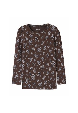 Chemise marron à manches longues avec petit imprimé floral violet clair et gris et col rond.