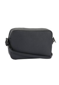 Borsa a tracolla in pelle nera con superficie testurizzata, forma rettangolare, chiusura con cerniera e tracolla regolabile. Nessun dettaglio metallico visibile.