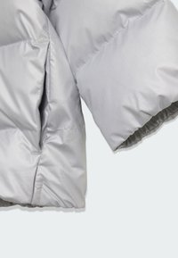 Srebrna jakna od pufanja s glatkom, sjajnom završnom obradom. Ima široki, quiltani dizajn i elastične rukave. Nema vidljivih kopči.