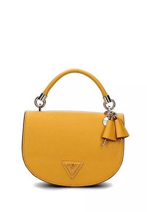 Borsa a mano in pelle gialla con forma curvata, manico superiore e dettagli in argento. Presenta un logo triangolare e frange decorative.