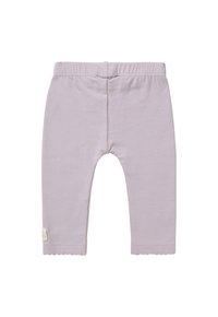Lichtpaarse babylegging met elastische tailleband en geschulpte randen bij de enkels, plat weergegeven op een witte achtergrond.