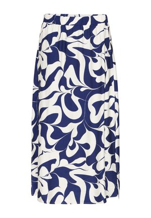 Falda hasta la rodilla de color azul y blanco con patrones abstractos ondulados similares a hojas y una pretina elástica.