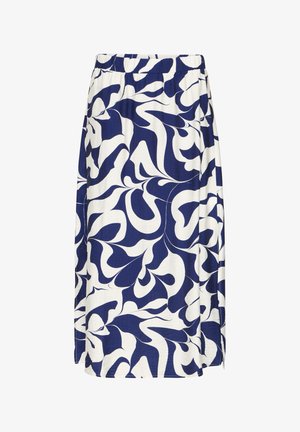 Falda hasta la rodilla de color azul y blanco con patrones abstractos ondulados similares a hojas y una pretina elástica.