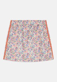 Sukně s květinovým potiskem z měkké, lehké látky. Na krémovém pozadí jsou multicolorové květiny, doplněné oranžovým bočním lemem.