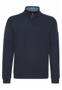 Marineblauer Zip-Kragen-Pullover aus strukturiertem Stoff mit hohem Kragen, gerippten Bündchen und einem kleinen Logo-Patch am Ärmel.