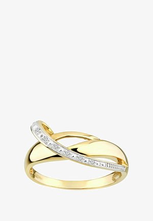 Gold-tone ring with a smooth curved design, featuring a twisted band and a row of clear gemstones along one edge for added detail.