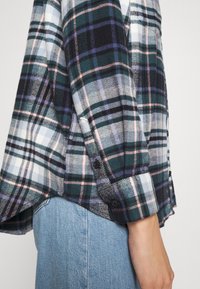 Flannel shirt featuring a plaid pattern in green, navy, and pink, with black buttons, soft texture, and a curved hem. Paired with light denim.
