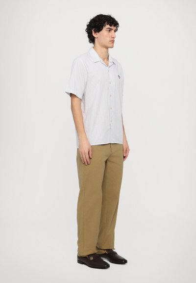 Short-sleeve, striped shirt in light blue and white with buttons, paired with khaki pants. Dark shoes with a logo accent.