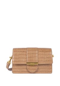 Borsa a spalla in finta pelle effetto coccodrillo color beige con chiusura a pattina, hardware dorato e tracolla removibile. Presenta una texture liscia e una forma rettangolare.