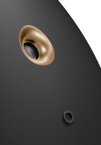 Corps de haut-parleur noir avec une évent acoustique circulaire de ton doré, doté d'un maillage texturé. Un petit accent de bouton circulaire noir est également visible.
