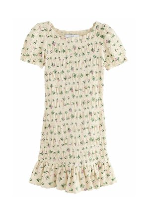 Kurzärmliges, cremefarbenes Kleid mit Smocking und floralen Mustern in Grün und Pink. Hat einen gerafften Saum für zusätzliche Details.