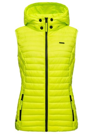 Doudoune sans manches matelassée jaune vif avec capuche, fermeture éclair noire à l'avant et deux poches latérales zippées.