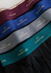 Viis meestele mõeldud aluspükste paari elastsete vöökinnitustega värvides burgundia, mereväe sinine, türkiissinine, hall ja must, millel on kullakarva kiri "NEXT SIGNATURE".