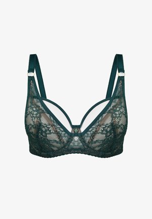 Koronkowy stanik w głębokim odcieniu teal, z dekoltem w serek, miękkimi panelami z siatki, dekoracyjnym zielonym akcentem na środku oraz regulowanymi ramiączkami.