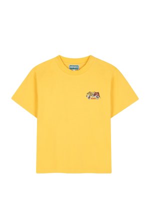 Geel T-shirt met korte mouwen, kleine geborduurde jaguar- en tijgergezichten en Kenzo-logo op de linkerborst.