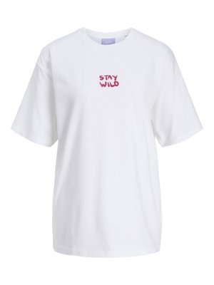 White cotton t-shirt with short sleeves and a round neckline, featuring "STAY WILD" in pink, playful lettering on the chest.