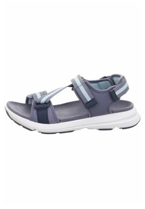 Purple sandal featuring multiple straps, light blue accents, soft insole, and a white rubber sole with textured grip.