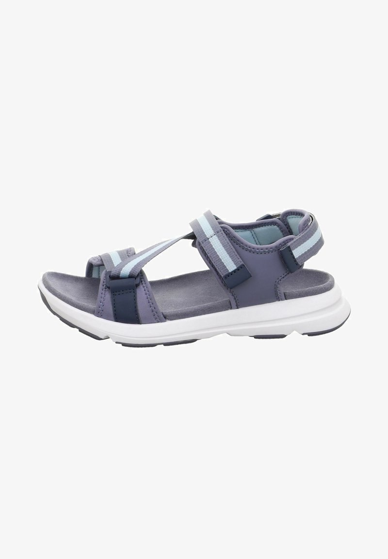 Purple sandal featuring multiple straps, light blue accents, soft insole, and a white rubber sole with textured grip.