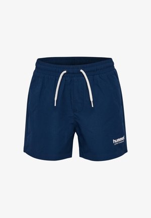 Granatowe kąpielówki z elastycznym pasem, białym sznurkiem i logo "hummel" na dolnej lewej stronie. Wykonane z lekkiego materiału.