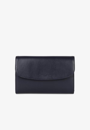 Marine leren portemonnee met een soepele textuur, klep sluiting en subtiele geperste branding. Heeft een rechthoekige vorm met schone randen.