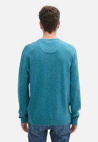 Türkisfarbener Sweatshirt mit langen Ärmeln, gerippten Bündchen und Saum, Rundhalsausschnitt, weicher Textur und einem einfachen, minimalistischen Design.