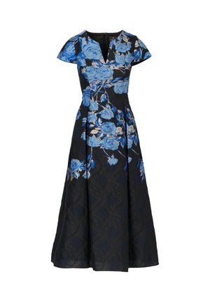 Bloemenjurk met blauwe rozen op een zwarte achtergrond, met vleermuismouwen, V-hals en een vloeiende rok van een gestructureerde stof.