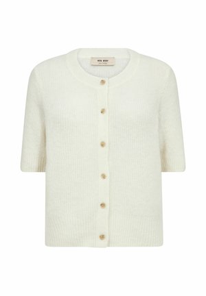 Fehér kötött rövid ujjú kardigán kerek nyakkivágással és hat világosbarna gombbal az elején.