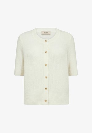 Fehér kötött rövid ujjú kardigán kerek nyakkivágással és hat világosbarna gombbal az elején.