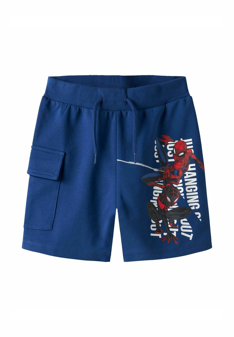 Shorts en coton bleu avec une taille élastique, une poche latérale et un imprimé graphique mettant en avant des personnages de Spider-Man sur le devant.