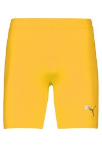 Gelbe Sportsch shorts aus dehnbarem Material. Eng anliegendes Design mit glatter Textur. Verfügt über ein kleines silbernes Logo an der unteren Seite.