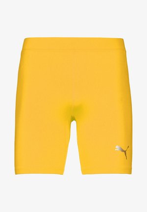 Geel sportshorts gemaakt van rekbaar materiaal. Fijnsluitend ontwerp met een gladde textuur. Bevat een klein zilveren logo aan de onderzijde.