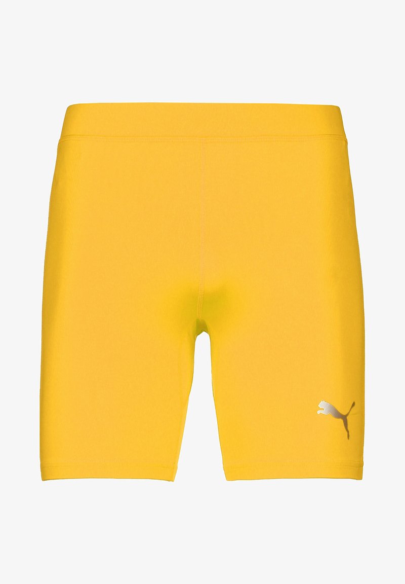 Geel sportshorts gemaakt van rekbaar materiaal. Fijnsluitend ontwerp met een gladde textuur. Bevat een klein zilveren logo aan de onderzijde.