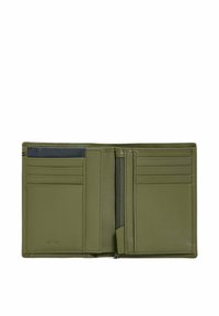 Billetera de cuero verde con múltiples compartimentos para tarjetas, un compartimento con cremallera y detalles de costura sutiles. Textura suave, diseño plegado.