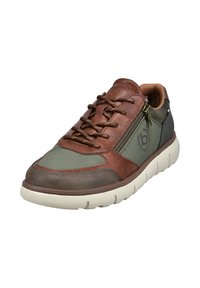 Braune Leder- und grüne Textilsneaker mit Schnürsenkeln, Reißverschluss und gepolsterter Laufsohle. Mit Nahtdetails und Logo auf der Seite.