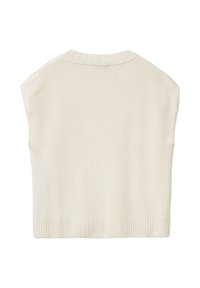 Cremfarbener Strickpullover mit geripptem Halsausschnitt und Saum. Das Design ist ärmellos, hat eine glatte Textur und eine lockere Passform.