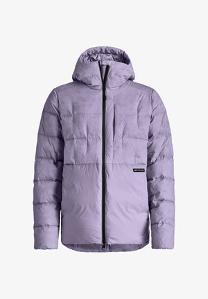 Light purple puffer jacket with a hood, featuring quilted sections, a front zipper, and a logo patch on the lower left side.