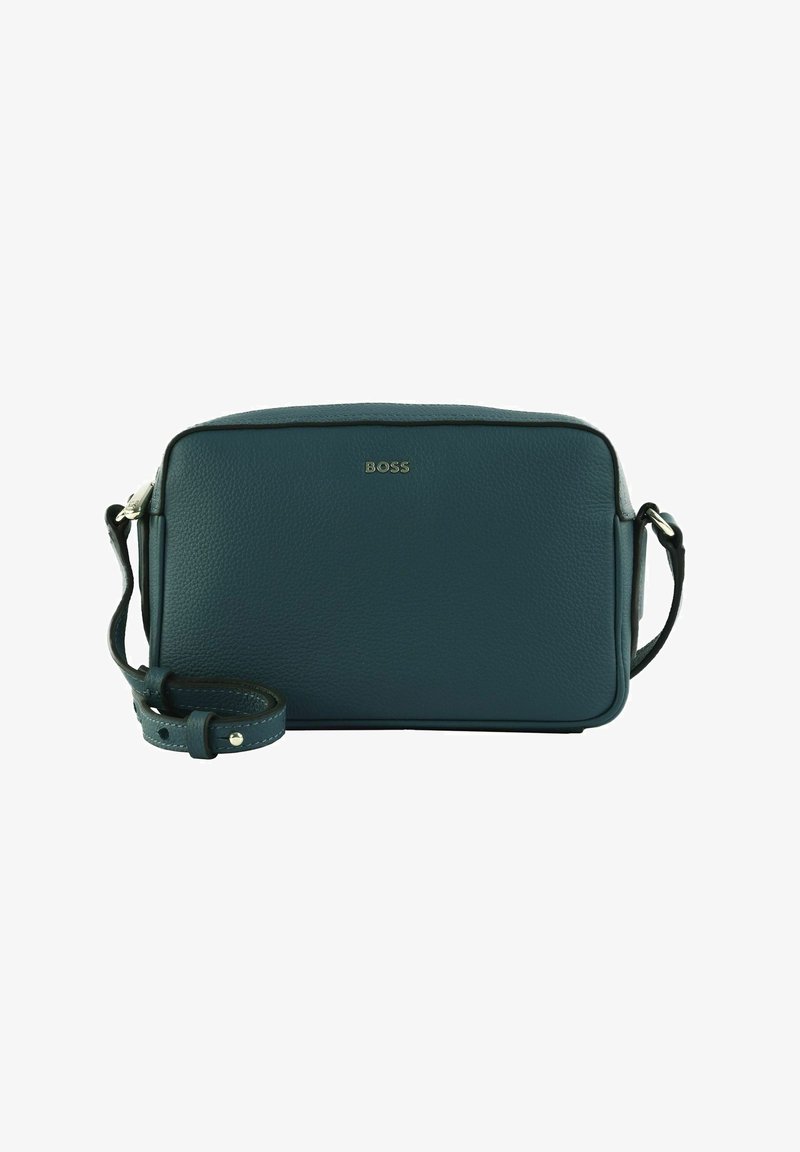 Borsa a tracolla in pelle teal con strap regolabile, forma rettangolare e piccolo logo metallico "BOSS" al centro frontale.