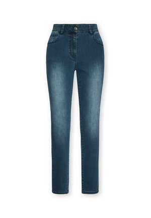 Jeans denim slim fit blu scuro con tasche frontali, passanti per cintura, chiusura a bottoni e dettagli leggermente slavati sulle cosce.