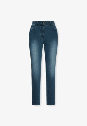 Donkerblauwe slim-fit spijkerbroek met voorzakken, riemlussen, knoopsluiting en subtiele vervaagde details op de dijen.