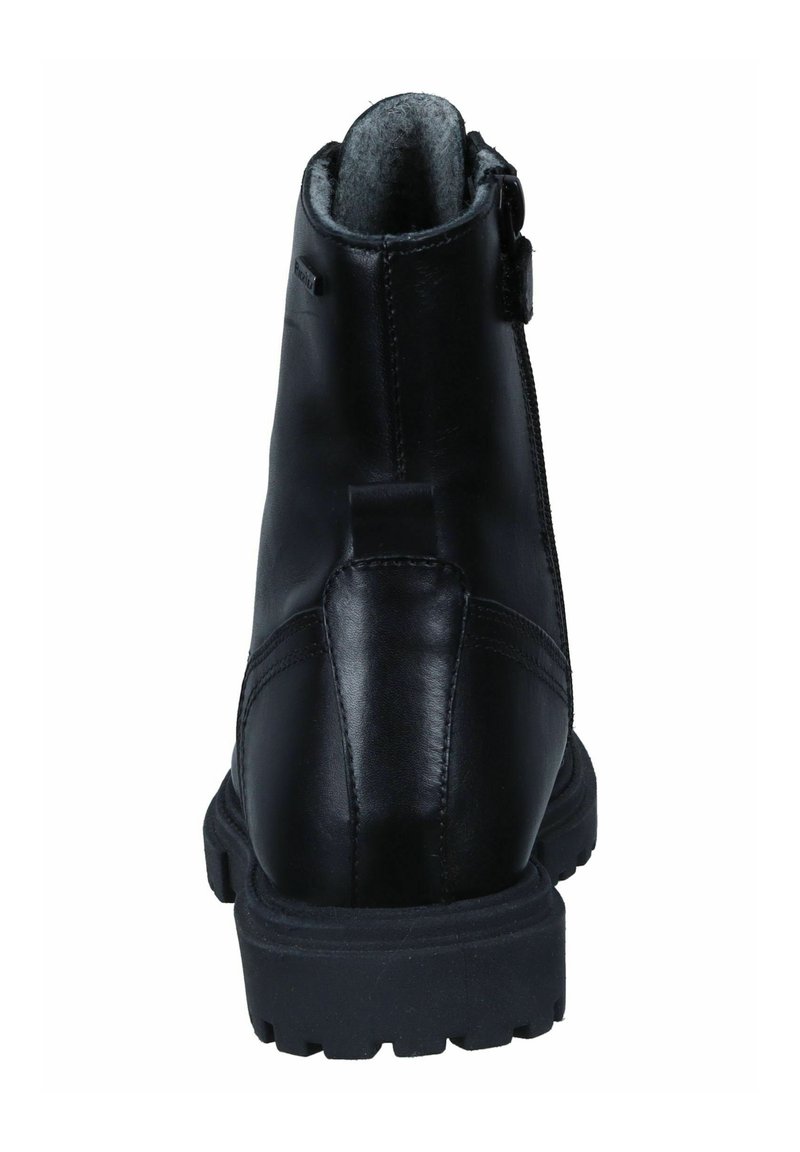 Schwarze Leder-Ankle Boots mit einer strukturierten Oberfläche, seitlichem Reißverschluss und einer robusten Gummisohle mit tiefen Profilen für guten Halt.